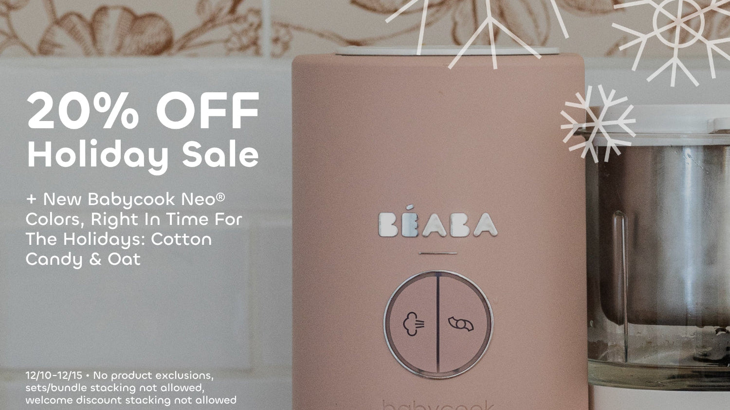 Babycook Neo container with Béaba branding on a floral background, featuring a 20% off holiday sale promotion.