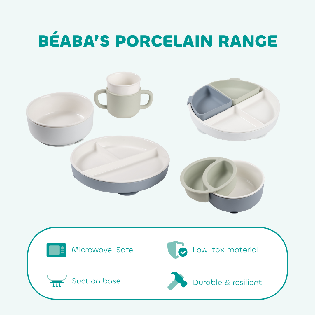 BEABA Mix & Match Porcelain Divided Plate Set with Silicone Suction Sleeve