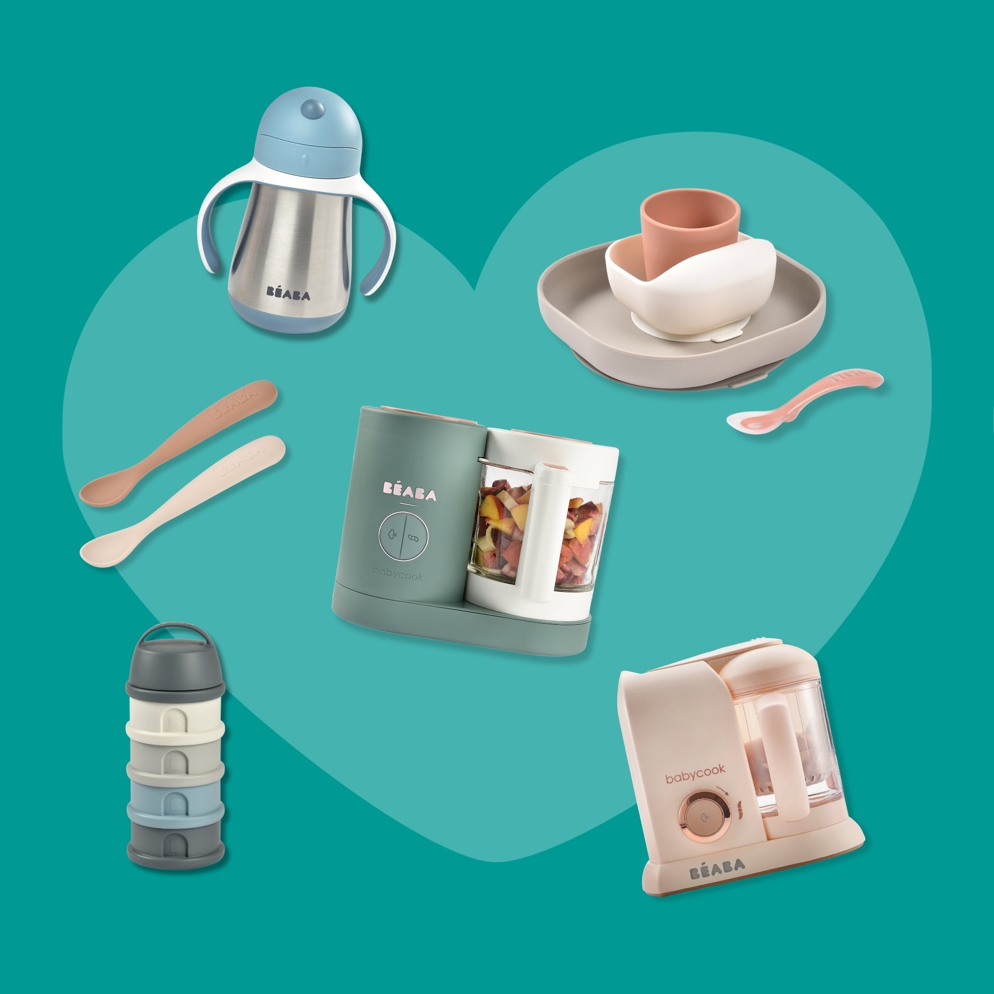 Beaba products floating on teal blue background