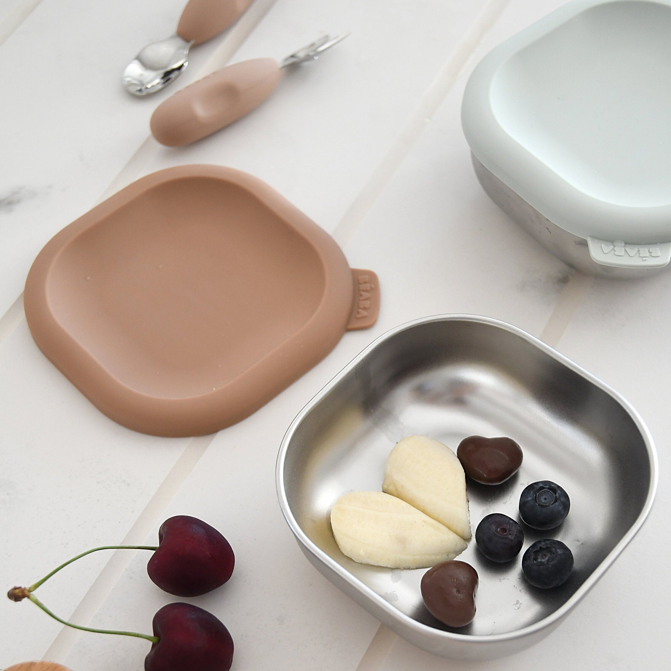 Beaba Microwave-Safe Stainless Steel Baby Bowls with Lid Set of 3